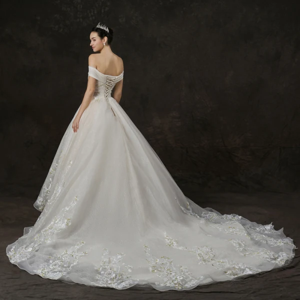 Elegant Champagne Wedding Dresses 2019 A-Line / Princess Off-The-Shoulder Short Sleeve Backless Appliques Lace Beading Pearl Glitter Tulle Cathedral Train Ruffle