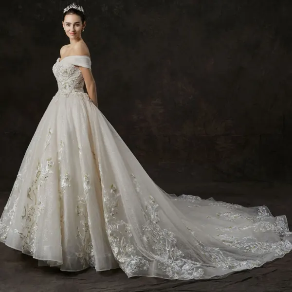 Elegant Champagne Wedding Dresses 2019 A-Line / Princess Off-The-Shoulder Short Sleeve Backless Appliques Lace Beading Pearl Glitter Tulle Cathedral Train Ruffle