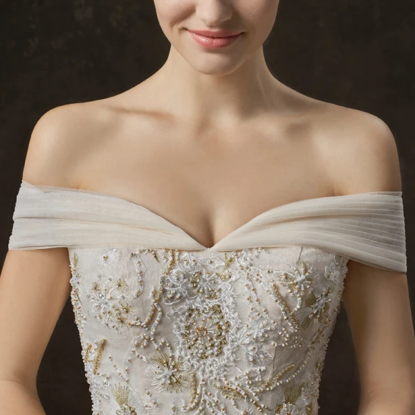 Elegant Champagne Wedding Dresses 2019 A-Line / Princess Off-The-Shoulder Short Sleeve Backless Appliques Lace Beading Pearl Glitter Tulle Cathedral Train Ruffle
