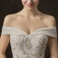 Elegant Champagne Wedding Dresses 2019 A-Line / Princess Off-The-Shoulder Short Sleeve Backless Appliques Lace Beading Pearl Glitter Tulle Cathedral Train Ruffle