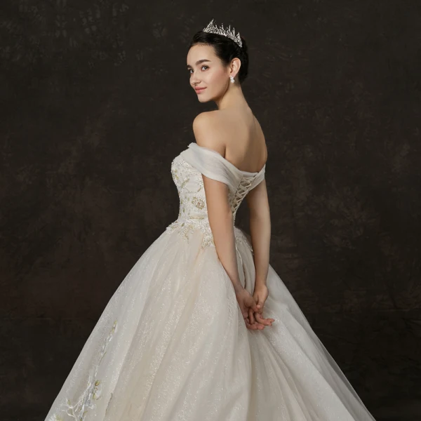 Elegant Champagne Wedding Dresses 2019 A-Line / Princess Off-The-Shoulder Short Sleeve Backless Appliques Lace Beading Pearl Glitter Tulle Cathedral Train Ruffle