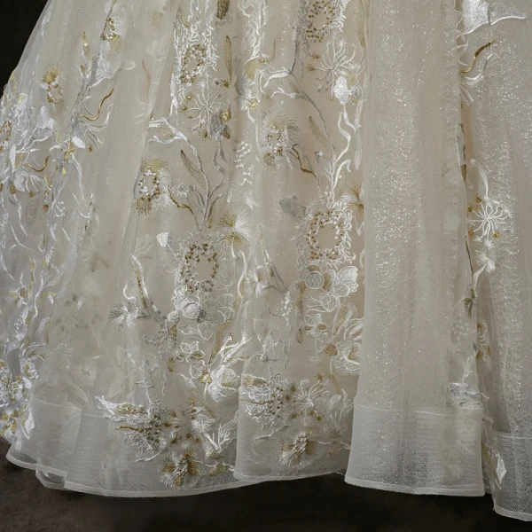 Elegant Champagne Wedding Dresses 2019 A-Line / Princess Off-The-Shoulder Short Sleeve Backless Appliques Lace Beading Pearl Glitter Tulle Cathedral Train Ruffle