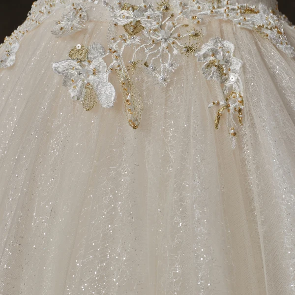 Elegant Champagne Wedding Dresses 2019 A-Line / Princess Off-The-Shoulder Short Sleeve Backless Appliques Lace Beading Pearl Glitter Tulle Cathedral Train Ruffle