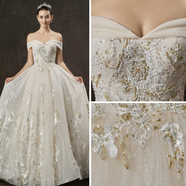 Elegant Champagne Wedding Dresses 2019 A-Line / Princess Off-The-Shoulder Short Sleeve Backless Appliques Lace Beading Pearl Glitter Tulle Cathedral Train Ruffle