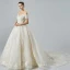 Luxury / Gorgeous Champagne Wedding Dresses 2019 A-Line / Princess Off-The-Shoulder Short Sleeve Backless Appliques Lace Sequins Beading Chapel Train Ruffle
