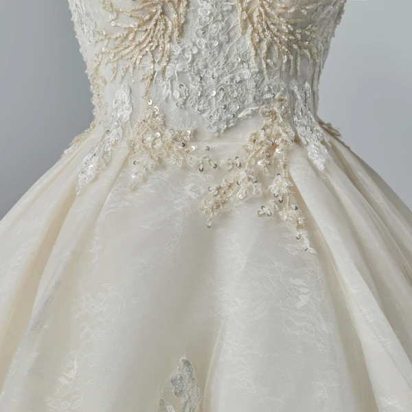 Luxury / Gorgeous Champagne Wedding Dresses 2019 A-Line / Princess Off-The-Shoulder Short Sleeve Backless Appliques Lace Sequins Beading Chapel Train Ruffle