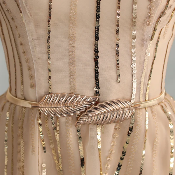 Chic / Beautiful Gold Homecoming Graduation Dresses 2018 A-Line / Princess Scoop Neck 1/2 Sleeves Metal Sash Sequins Short Formal Dresses