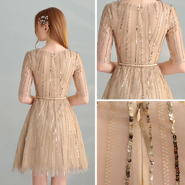 Chic / Beautiful Gold Homecoming Graduation Dresses 2018 A-Line / Princess Scoop Neck 1/2 Sleeves Metal Sash Sequins Short Formal Dresses