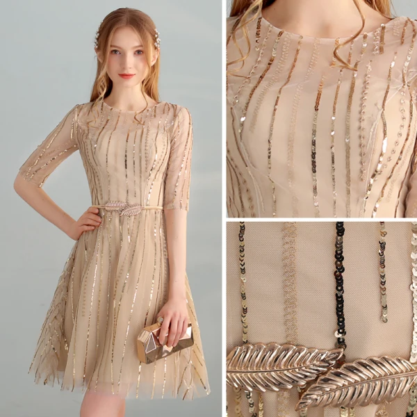Chic / Beautiful Gold Homecoming Graduation Dresses 2018 A-Line / Princess Scoop Neck 1/2 Sleeves Metal Sash Sequins Short Formal Dresses