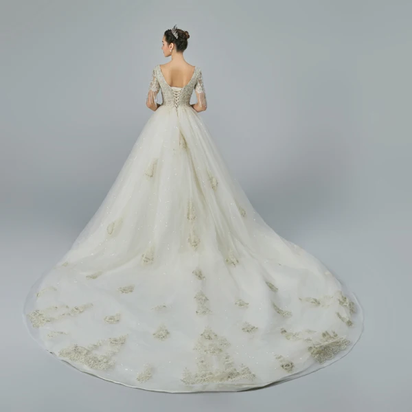 Elegant Champagne Wedding Dresses 2019 A-Line / Princess V-Neck Short Sleeve Backless Beading Tassel Appliques Lace Glitter Tulle Cathedral Train Ruffle