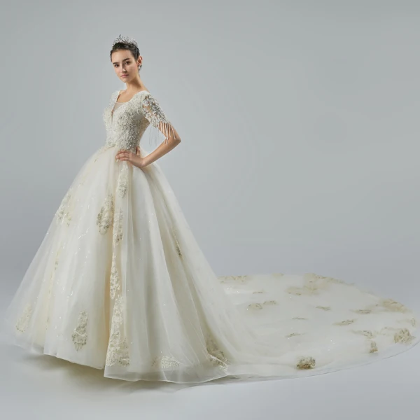 Elegant Champagne Wedding Dresses 2019 A-Line / Princess V-Neck Short Sleeve Backless Beading Tassel Appliques Lace Glitter Tulle Cathedral Train Ruffle
