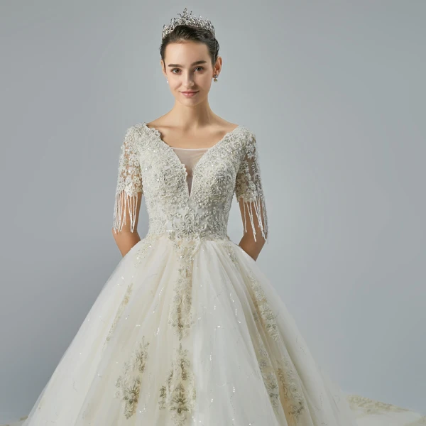 Elegant Champagne Wedding Dresses 2019 A-Line / Princess V-Neck Short Sleeve Backless Beading Tassel Appliques Lace Glitter Tulle Cathedral Train Ruffle
