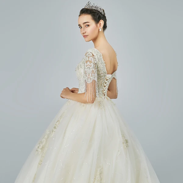 Elegant Champagne Wedding Dresses 2019 A-Line / Princess V-Neck Short Sleeve Backless Beading Tassel Appliques Lace Glitter Tulle Cathedral Train Ruffle