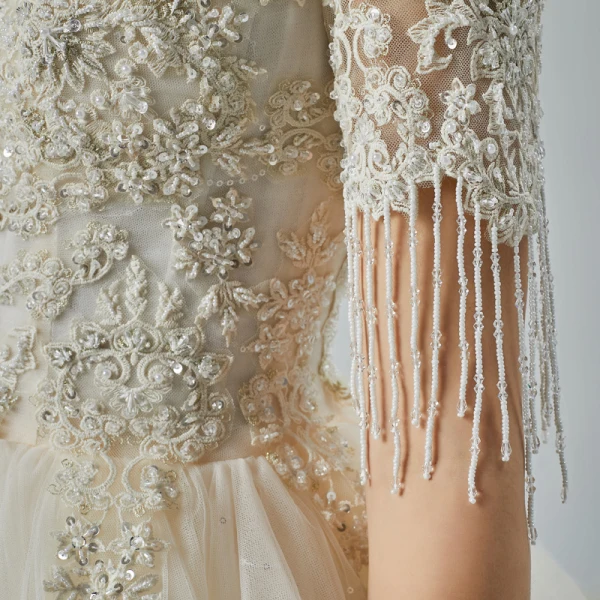 Elegant Champagne Wedding Dresses 2019 A-Line / Princess V-Neck Short Sleeve Backless Beading Tassel Appliques Lace Glitter Tulle Cathedral Train Ruffle