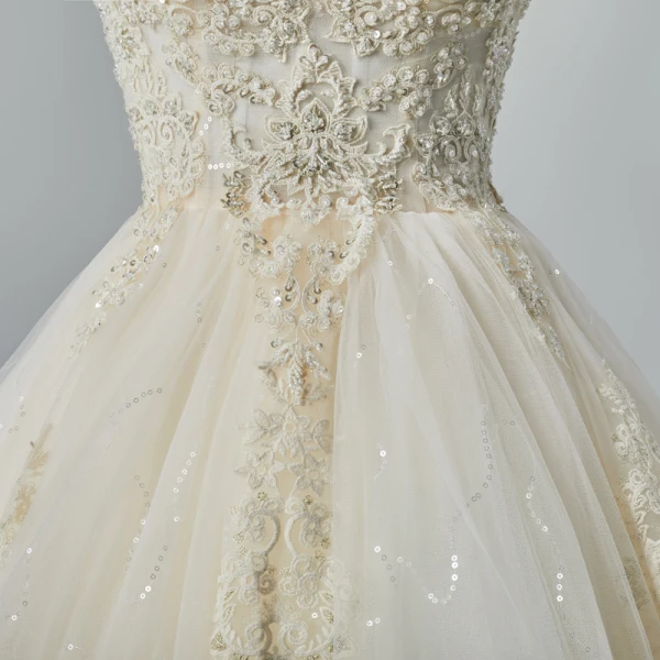 Elegant Champagne Wedding Dresses 2019 A-Line / Princess V-Neck Short Sleeve Backless Beading Tassel Appliques Lace Glitter Tulle Cathedral Train Ruffle