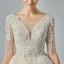 Elegant Champagne Wedding Dresses 2019 A-Line / Princess V-Neck Short Sleeve Backless Beading Tassel Appliques Lace Glitter Tulle Cathedral Train Ruffle