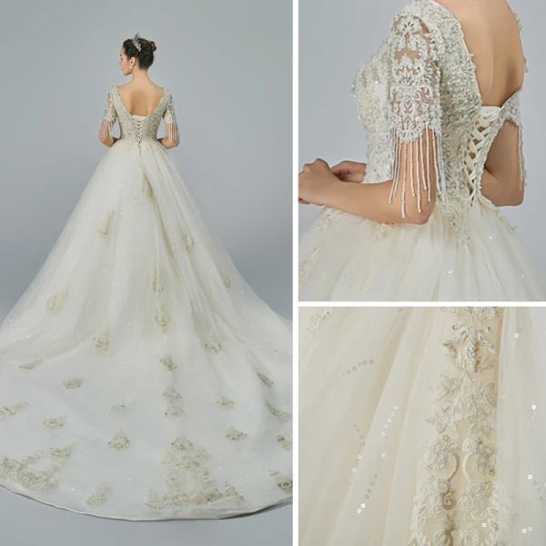 Elegant Champagne Wedding Dresses 2019 A-Line / Princess V-Neck Short Sleeve Backless Beading Tassel Appliques Lace Glitter Tulle Cathedral Train Ruffle