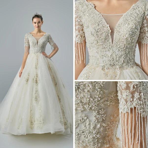Elegant Champagne Wedding Dresses 2019 A-Line / Princess V-Neck Short Sleeve Backless Beading Tassel Appliques Lace Glitter Tulle Cathedral Train Ruffle