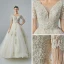 Elegant Champagne Wedding Dresses 2019 A-Line / Princess V-Neck Short Sleeve Backless Beading Tassel Appliques Lace Glitter Tulle Cathedral Train Ruffle