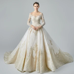 Luxe Champagne Transparentes Robe De Mariée 2019 Princesse Encolure Dégagée Manches Longues Dos Nu Appliques En Dentelle Perlage Glitter Tulle Cathedral Train Volants