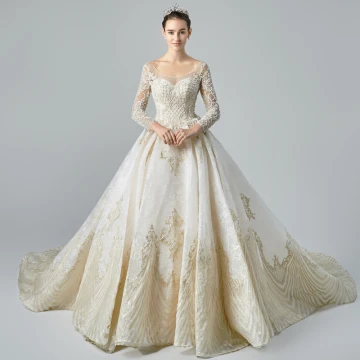 Luxe Champagne Transparentes Robe De Mariée 2019 Princesse Encolure Dégagée Manches Longues Dos Nu Appliques En Dentelle Perlage Glitter Tulle Cathedral Train Volants