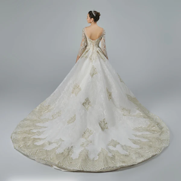 Luxury / Gorgeous Champagne See-through Wedding Dresses 2019 A-Line / Princess Scoop Neck Long Sleeve Backless Appliques Lace Beading Glitter Tulle Cathedral Train Ruffle