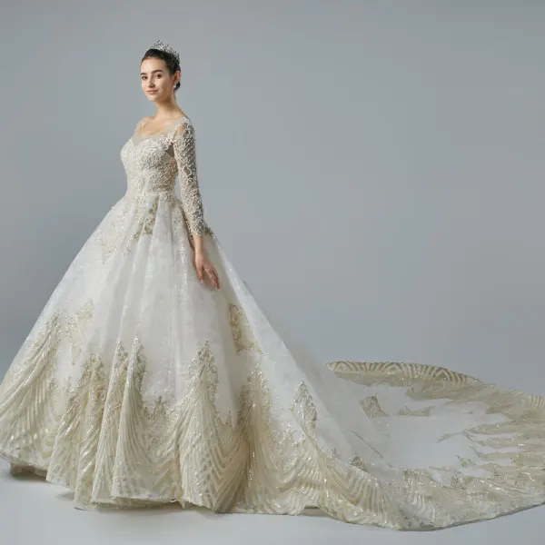 Luxury / Gorgeous Champagne See-through Wedding Dresses 2019 A-Line / Princess Scoop Neck Long Sleeve Backless Appliques Lace Beading Glitter Tulle Cathedral Train Ruffle
