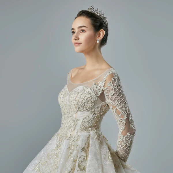 Luxury / Gorgeous Champagne See-through Wedding Dresses 2019 A-Line / Princess Scoop Neck Long Sleeve Backless Appliques Lace Beading Glitter Tulle Cathedral Train Ruffle