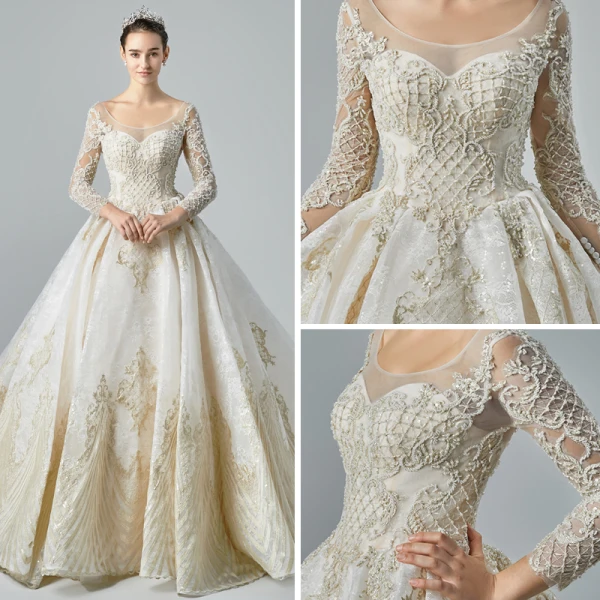 Luxury / Gorgeous Champagne See-through Wedding Dresses 2019 A-Line / Princess Scoop Neck Long Sleeve Backless Appliques Lace Beading Glitter Tulle Cathedral Train Ruffle