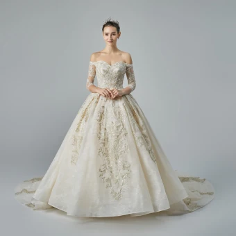 Luxury Gorgeous Champagne Wedding Dresses 2019 A Line Princess Off The Shoulder Pierced 3 4 Sleeve Backless Appliques Lace Beading Chapel Train Ruffle