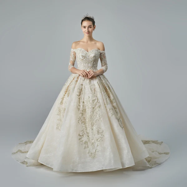 Luxury / Gorgeous Champagne Wedding Dresses 2019 A-Line / Princess Off-The-Shoulder Pierced 3/4 Sleeve Backless Appliques Lace Beading Chapel Train Ruffle