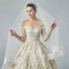 Luxury / Gorgeous Champagne Wedding Dresses 2019 A-Line / Princess Off-The-Shoulder Pierced 3/4 Sleeve Backless Appliques Lace Beading Chapel Train Ruffle