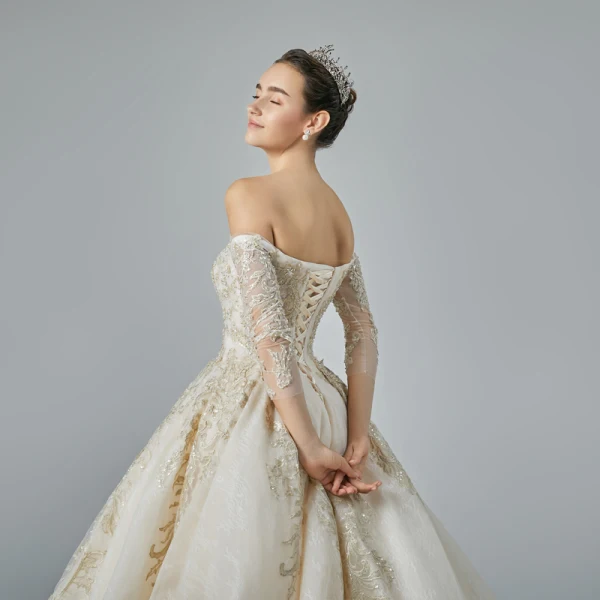 Luxury / Gorgeous Champagne Wedding Dresses 2019 A-Line / Princess Off-The-Shoulder Pierced 3/4 Sleeve Backless Appliques Lace Beading Chapel Train Ruffle