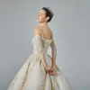Luxury / Gorgeous Champagne Wedding Dresses 2019 A-Line / Princess Off-The-Shoulder Pierced 3/4 Sleeve Backless Appliques Lace Beading Chapel Train Ruffle
