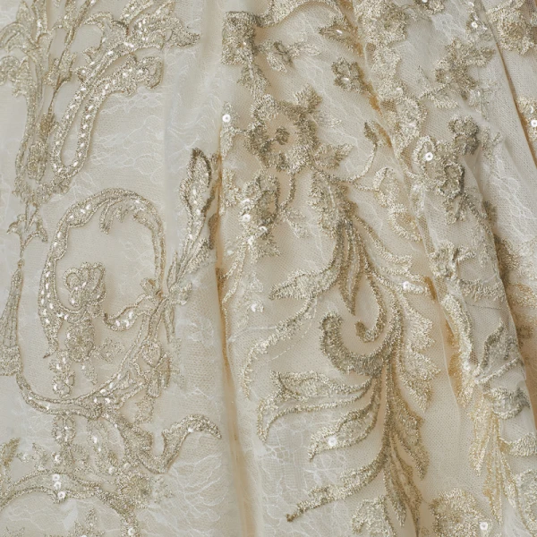Luxury / Gorgeous Champagne Wedding Dresses 2019 A-Line / Princess Off-The-Shoulder Pierced 3/4 Sleeve Backless Appliques Lace Beading Chapel Train Ruffle