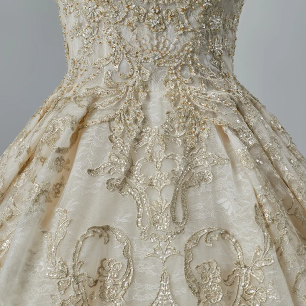 Luxury / Gorgeous Champagne Wedding Dresses 2019 A-Line / Princess Off-The-Shoulder Pierced 3/4 Sleeve Backless Appliques Lace Beading Chapel Train Ruffle