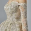 Luxury / Gorgeous Champagne Wedding Dresses 2019 A-Line / Princess Off-The-Shoulder Pierced 3/4 Sleeve Backless Appliques Lace Beading Chapel Train Ruffle