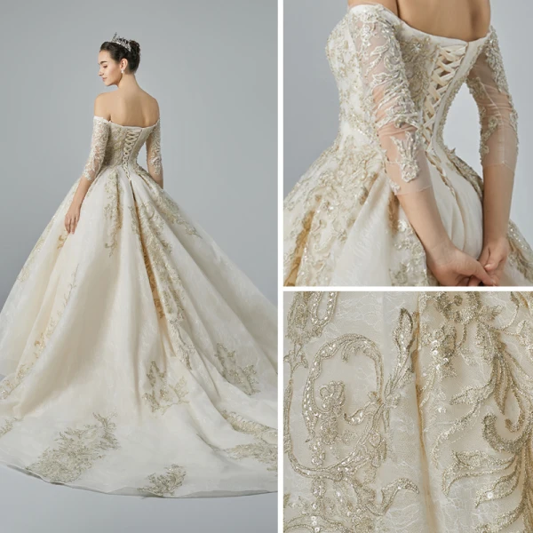Luxury / Gorgeous Champagne Wedding Dresses 2019 A-Line / Princess Off-The-Shoulder Pierced 3/4 Sleeve Backless Appliques Lace Beading Chapel Train Ruffle