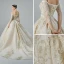 Luxury / Gorgeous Champagne Wedding Dresses 2019 A-Line / Princess Off-The-Shoulder Pierced 3/4 Sleeve Backless Appliques Lace Beading Chapel Train Ruffle