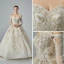 Luxury / Gorgeous Champagne Wedding Dresses 2019 A-Line / Princess Off-The-Shoulder Pierced 3/4 Sleeve Backless Appliques Lace Beading Chapel Train Ruffle