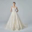 Beste Champagner Durchsichtige Brautkleider / Hochzeitskleider 2019 A Linie Rundhalsausschnitt 3/4 Ärmel Durchbohrt Applikationen Spitze Perle Perlenstickerei Kathedrale Schleppe Rüschen