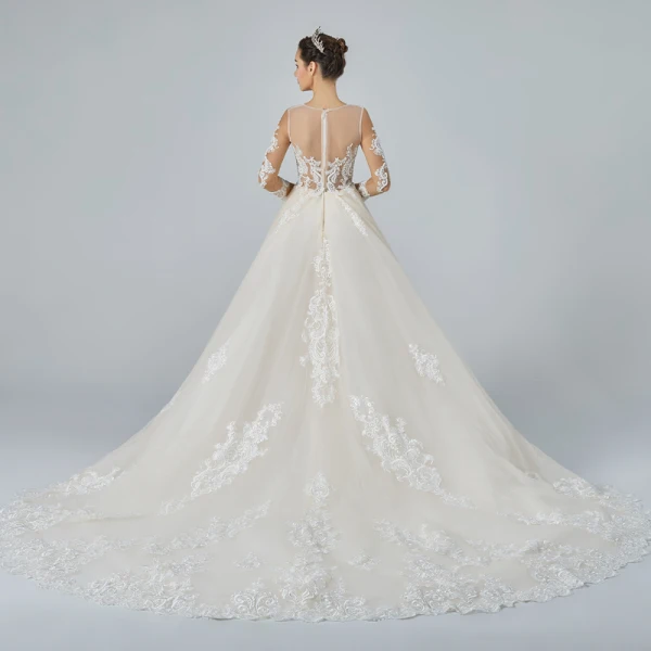 Best Champagne See-through Wedding Dresses 2019 A-Line / Princess Scoop Neck 3/4 Sleeve Pierced Appliques Lace Pearl Beading Cathedral Train Ruffle