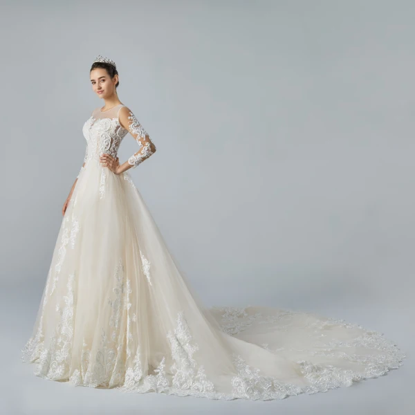 Best Champagne See-through Wedding Dresses 2019 A-Line / Princess Scoop Neck 3/4 Sleeve Pierced Appliques Lace Pearl Beading Cathedral Train Ruffle