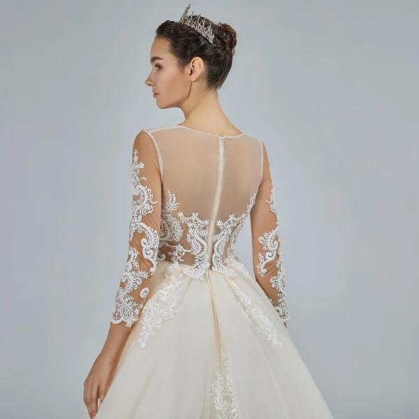 Best Champagne See-through Wedding Dresses 2019 A-Line / Princess Scoop Neck 3/4 Sleeve Pierced Appliques Lace Pearl Beading Cathedral Train Ruffle