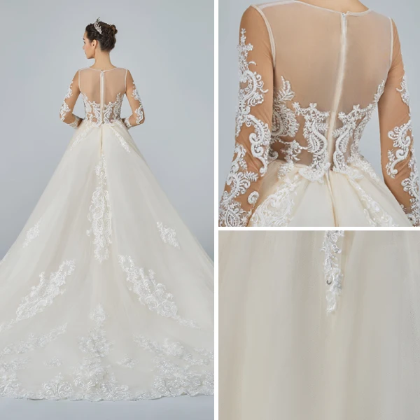 Best Champagne See-through Wedding Dresses 2019 A-Line / Princess Scoop Neck 3/4 Sleeve Pierced Appliques Lace Pearl Beading Cathedral Train Ruffle