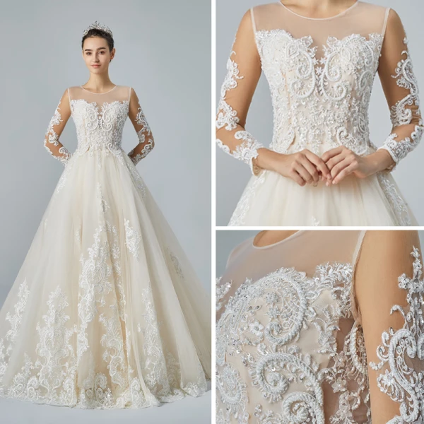 Best Champagne See-through Wedding Dresses 2019 A-Line / Princess Scoop Neck 3/4 Sleeve Pierced Appliques Lace Pearl Beading Cathedral Train Ruffle