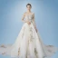 Romantic Champagne See-through Wedding Dresses 2019 A-Line / Princess Scoop Neck Long Sleeve Backless Appliques Lace Pearl Glitter Tulle Cathedral Train Ruffle