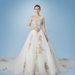 Romantisch Champagner Durchsichtige Brautkleider Hochzeitskleider 2019 A Linie Rundhalsausschnitt Lange Ärmel Rückenfreies Applikationen Spitze Perle Glanz Tülle Kathedrale Schleppe Rüschen