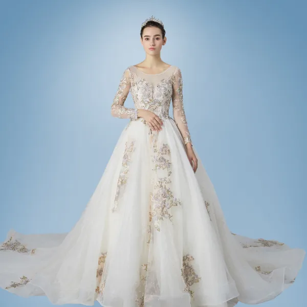 Princess Tulle Ruffles Scoop Long Sleeves Backless Wedding Dress