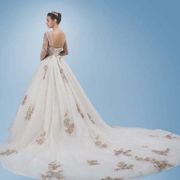Romantic Champagne See-through Wedding Dresses 2019 A-Line / Princess Scoop Neck Long Sleeve Backless Appliques Lace Pearl Glitter Tulle Cathedral Train Ruffle